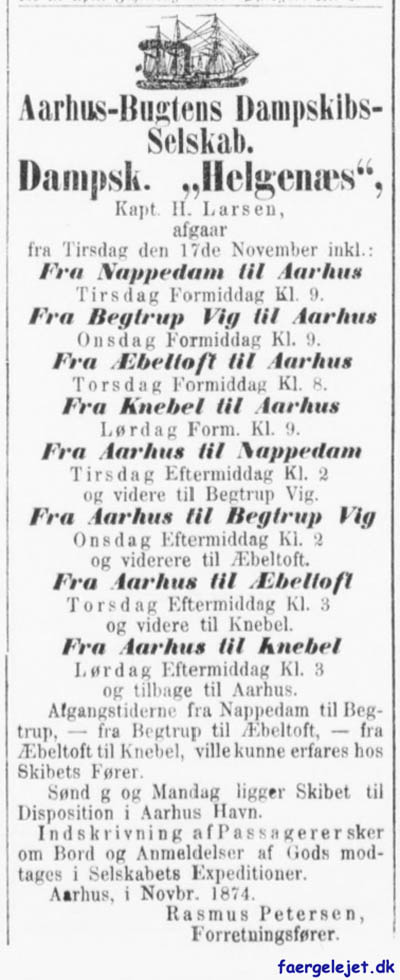 Fartplan for Dampskibet Helgens, November 1874