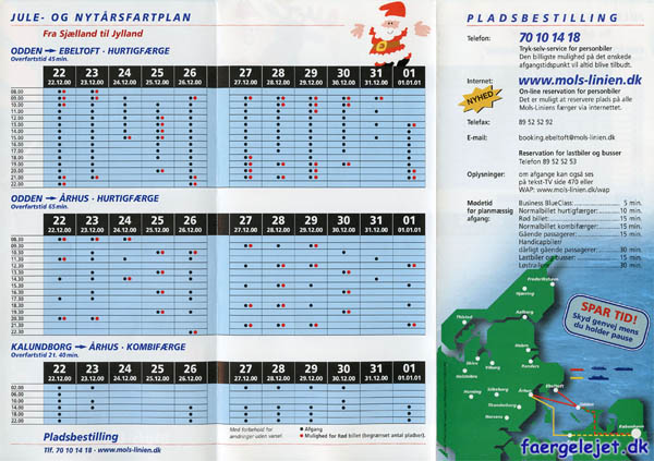 Jule- og nytårsfartplan fra Sjælland til Jylland 2000-2001.